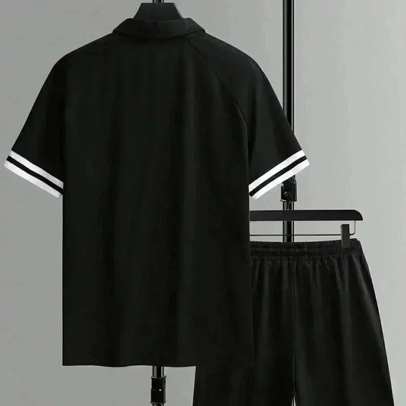 Black Casual Men Striped Trim Polo Shirt & Shorts - Picture 2 of 4